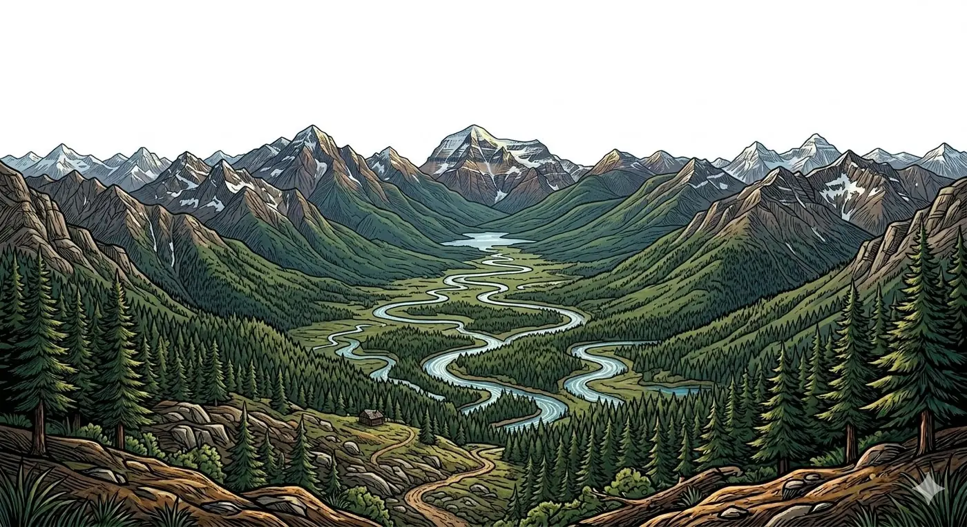 Illustration of a BC valley with mountains, forest and a river, from the original Sell My Park site